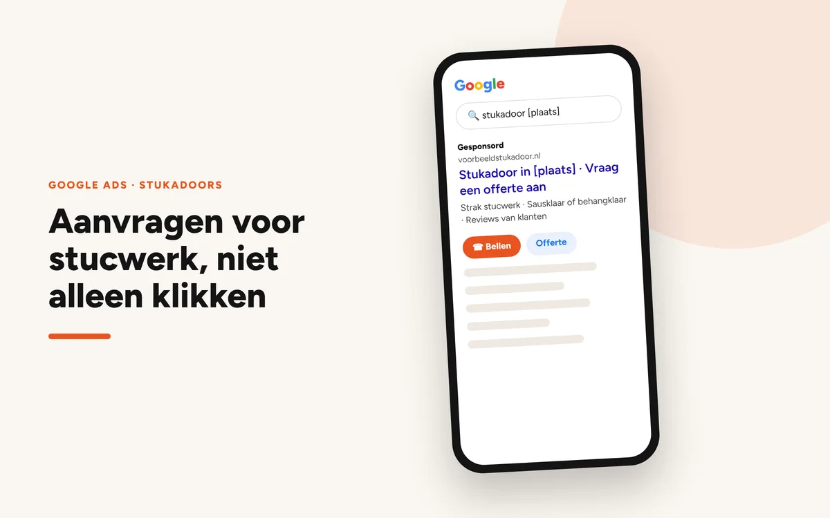 Illustratie: smartphone met een Google-advertentie van een stukadoor en een belknop