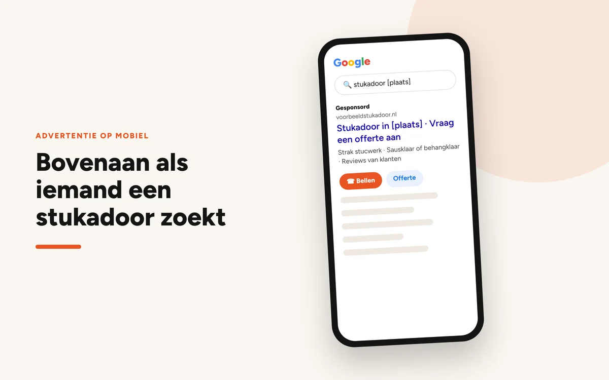 Google Ads-advertentie van een stukadoor op een mobiele telefoon, met belknop