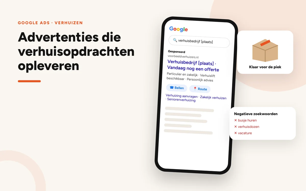 Illustratie: zoekresultaat met een advertentie voor een verhuisbedrijf, met een verhuisdoos en een kaart van het werkgebied