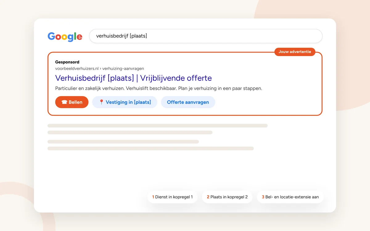 Google-zoekresultaat voor een verhuisbedrijf met een advertentie bovenaan, inclusief belknop