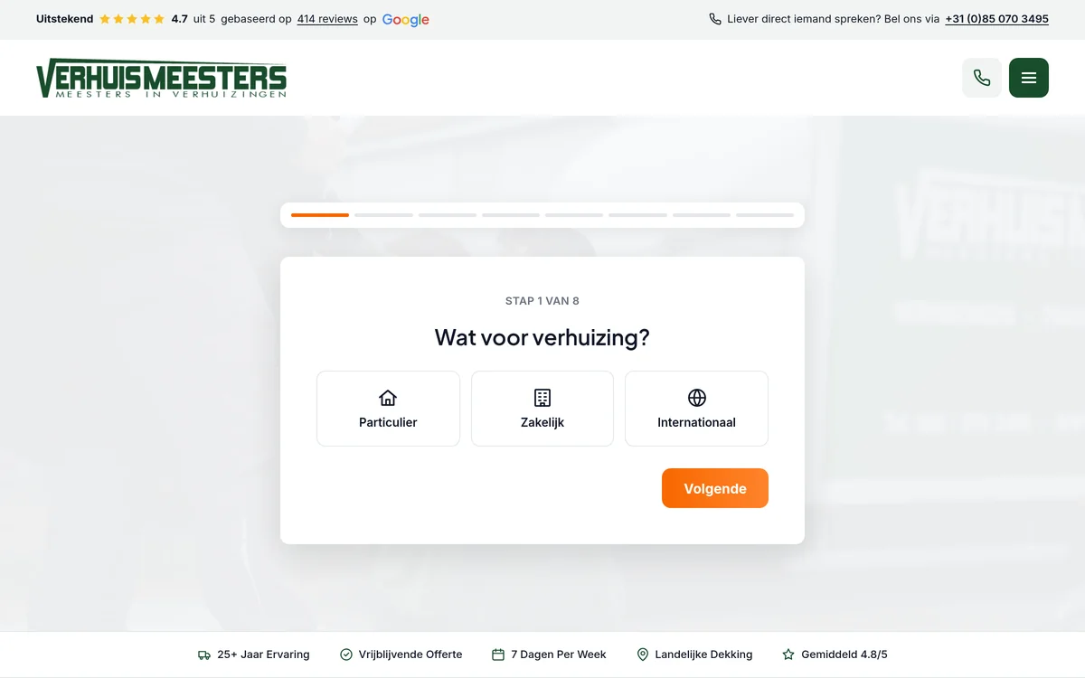 Offerteformulier van VerhuisMeesters in stappen: eerste stap 'Wat voor verhuizing?' met keuze particulier, zakelijk of internationaal