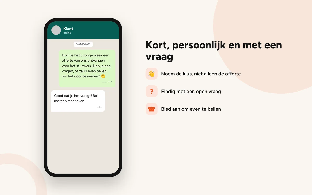 WhatsApp-bericht van een vakman die een klant vriendelijk herinnert aan een openstaande offerte