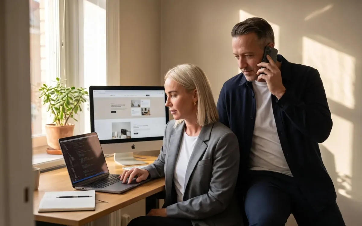 Beeld met AI gemaakt: Geerte van Advertise Experts werkt aan een website terwijl Maurice de klant belt