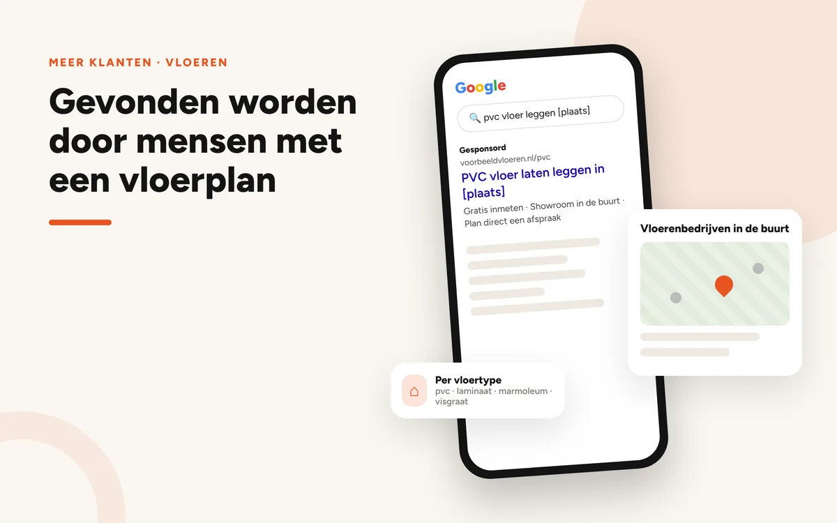 Illustratie: smartphone met zoekopdracht naar een pvc-vloer in een plaats en een kaart met vloerenbedrijven in de buurt