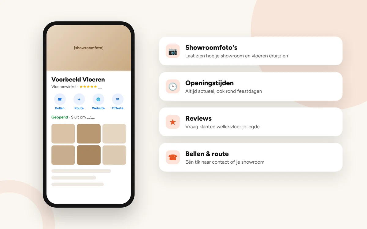 Google Bedrijfsprofiel van een vloerenwinkel op een smartphone, met showroomfoto's en openingstijden