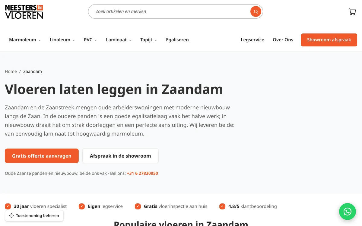Pagina 'Vloeren laten leggen in Zaandam' van Meesters in Vloeren, met offerteknop, showroomafspraak en populaire vloertypes