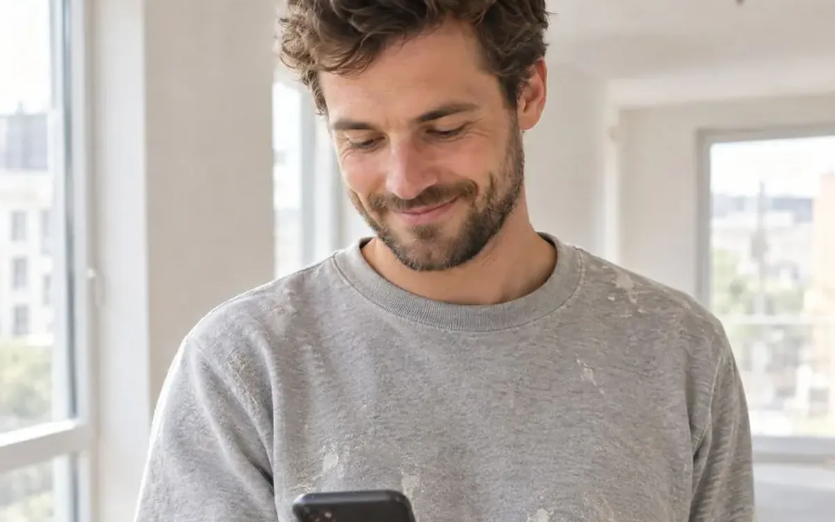 Een stukadoor in werkkleding kijkt op zijn telefoon in een lichte, lege woning