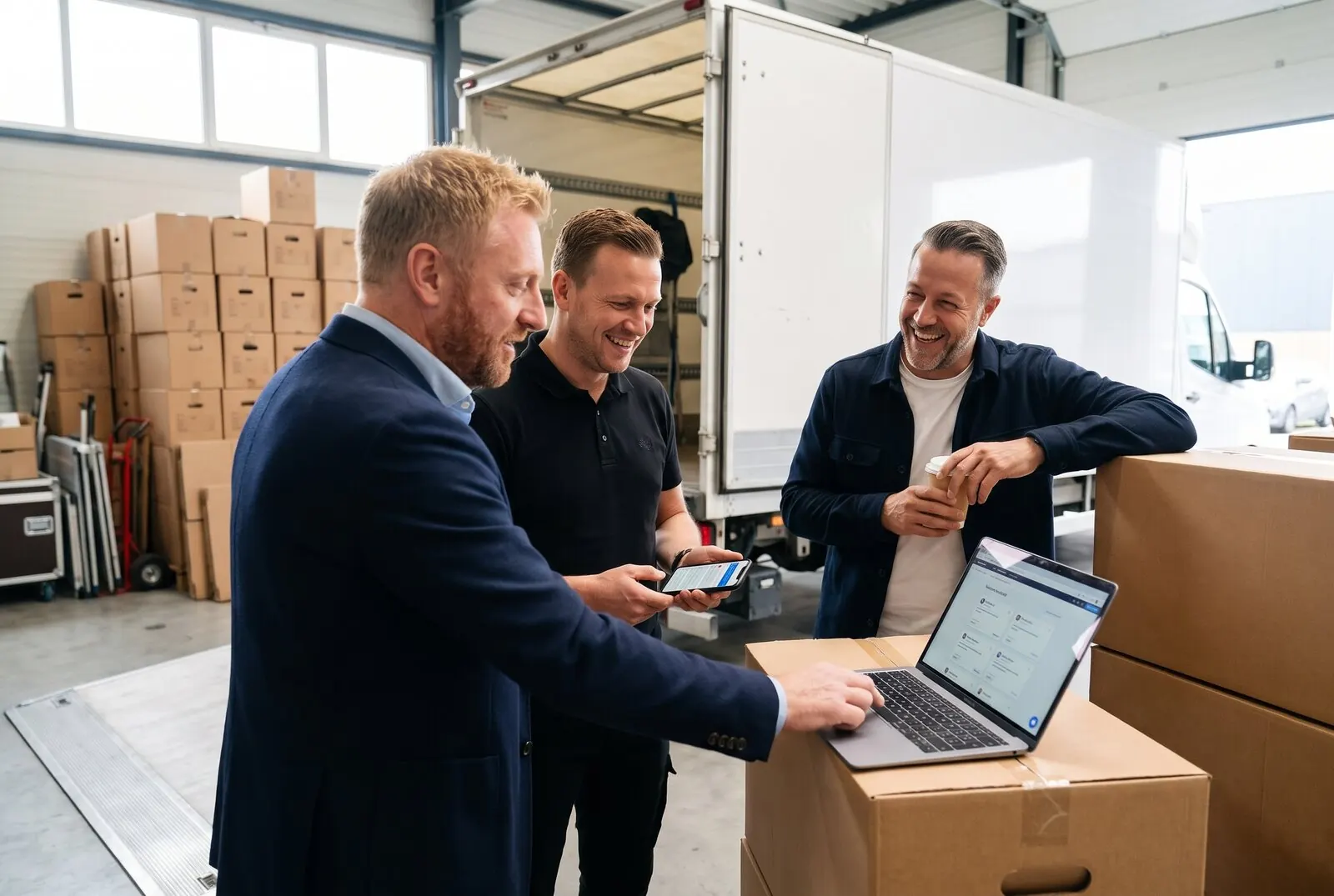 Voorbeeldfoto, met AI gemaakt: Sander en Maurice bekijken met een verhuizer nieuwe aanvragen op een laptop in de loods
