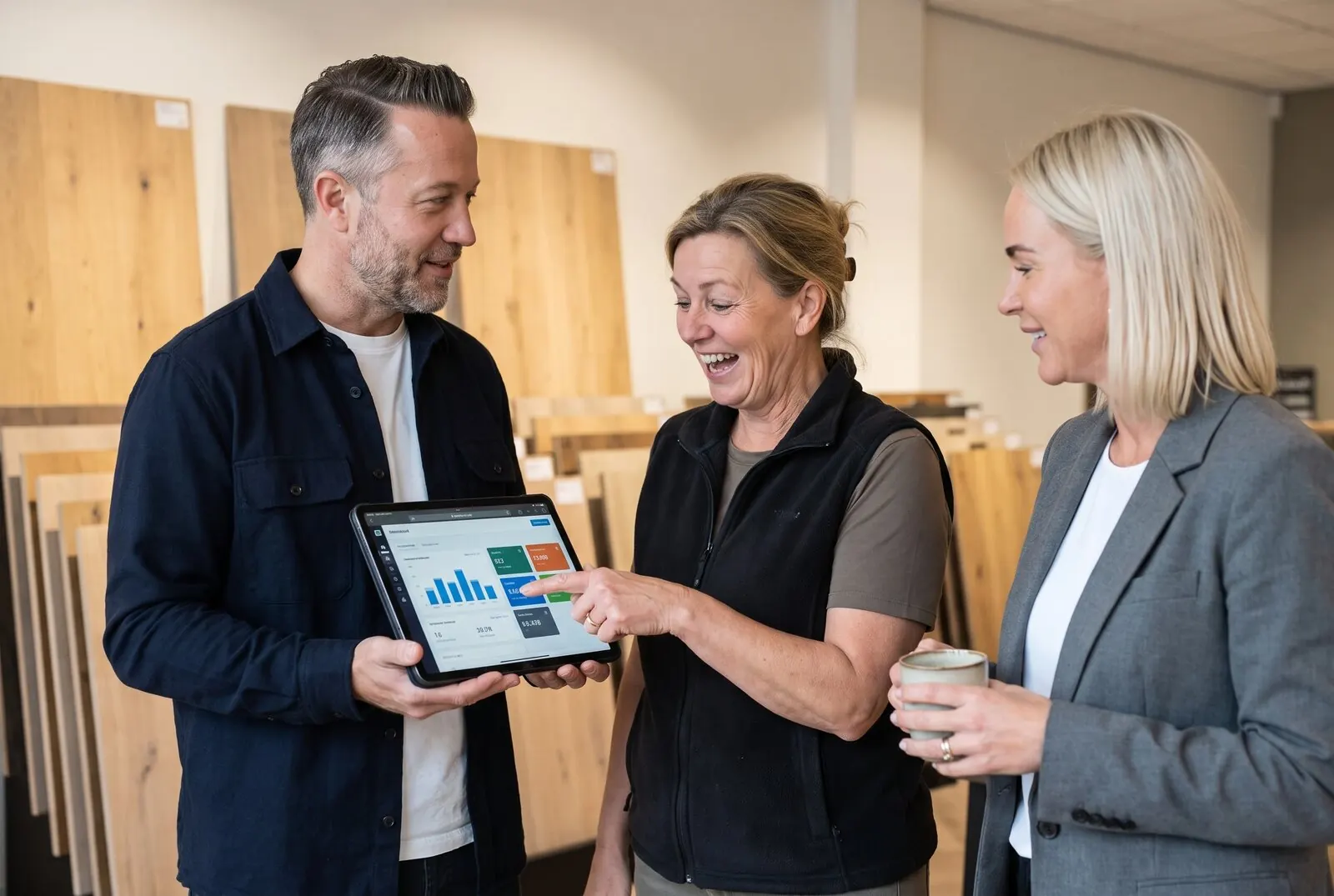 Voorbeeldfoto, met AI gemaakt: Maurice van Advertise Experts laat de eigenaresse van een vloerenwinkel haar dashboard zien op een tablet, Geerte kijkt mee