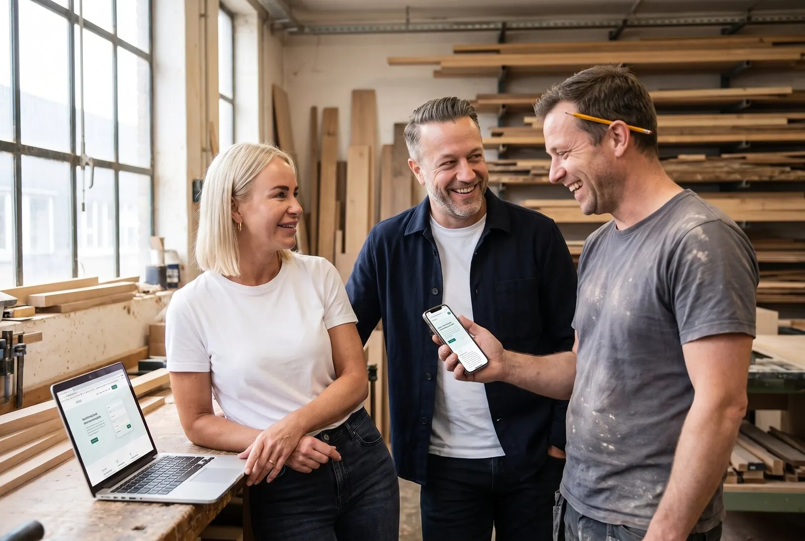 Voorbeeldfoto, met AI gemaakt: Maurice en Geerte van Advertise Experts laten een timmerman in zijn werkplaats zijn nieuwe website zien op telefoon en laptop
