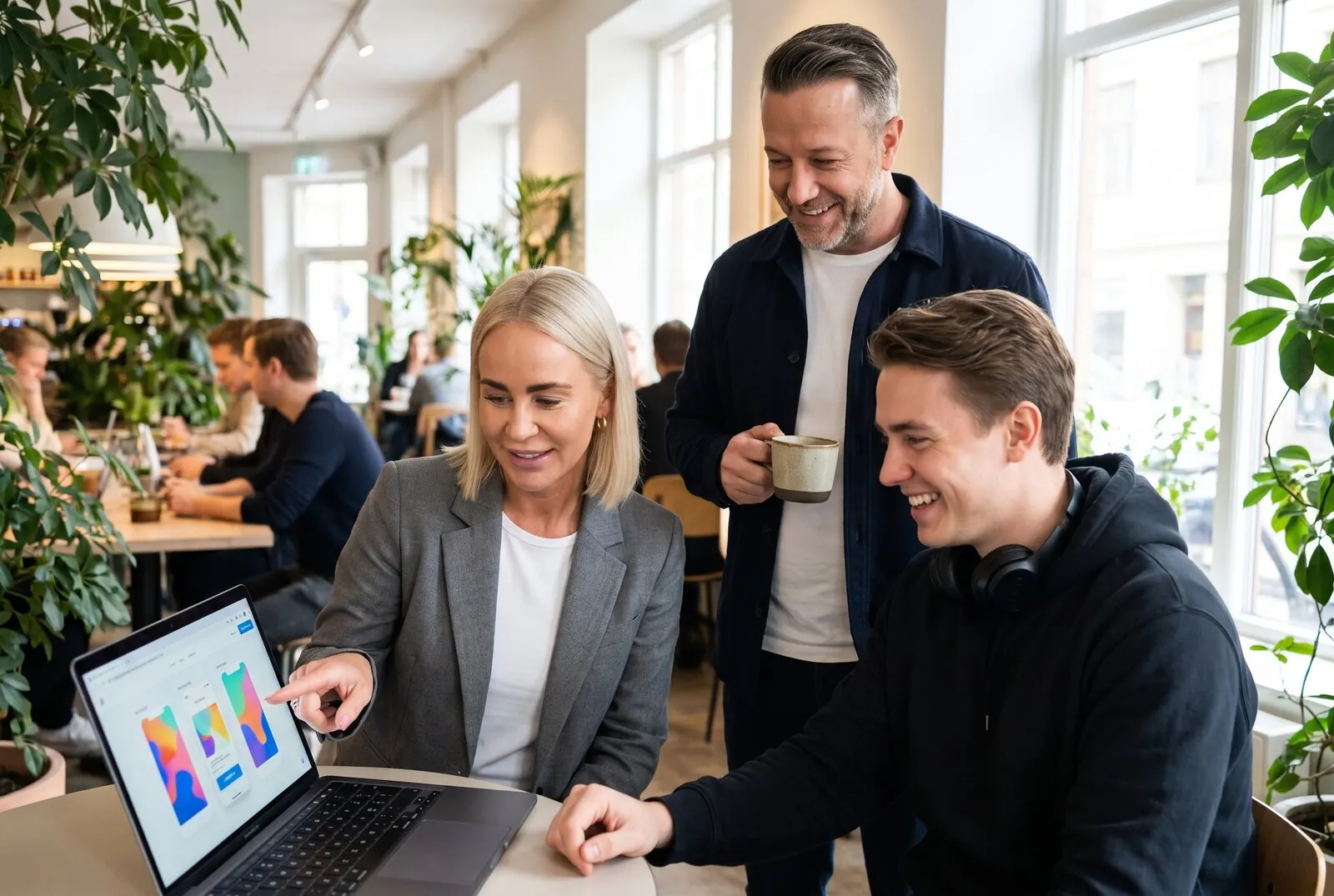 Voorbeeldfoto, met AI gemaakt: Geerte en Maurice van Advertise Experts bekijken met een ondernemer zijn nieuwe website op de laptop