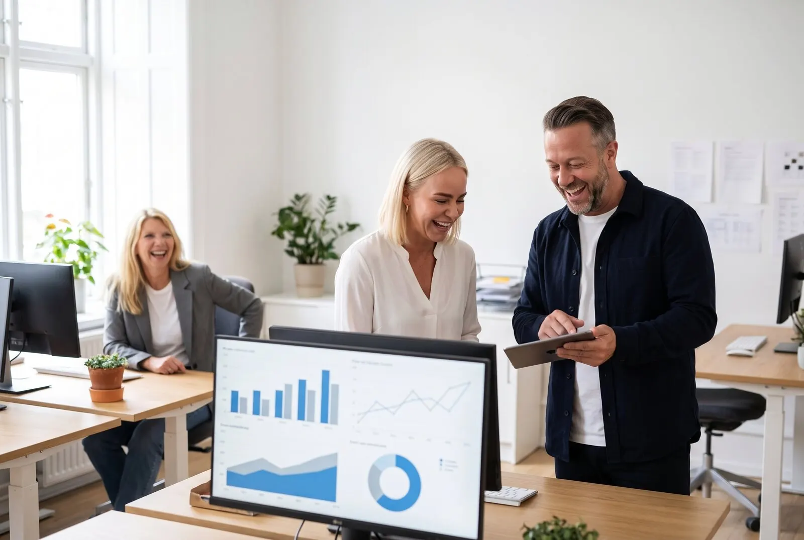 Voorbeeldfoto, met AI gemaakt: Geerte en Maurice van Advertise Experts bekijken op kantoor het marketingdashboard op het grote scherm, Linda werkt op de achtergrond