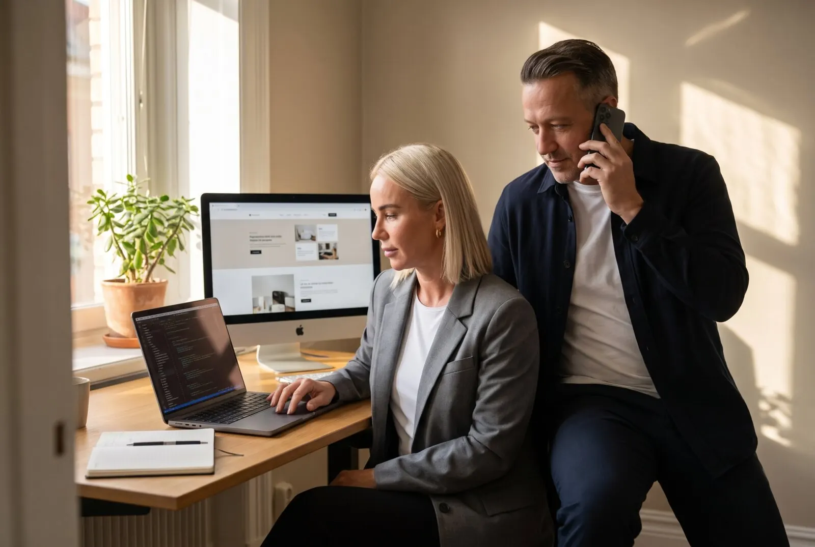 Voorbeeldfoto, met AI gemaakt: Geerte van Advertise Experts werkt aan een website terwijl Maurice de klant belt