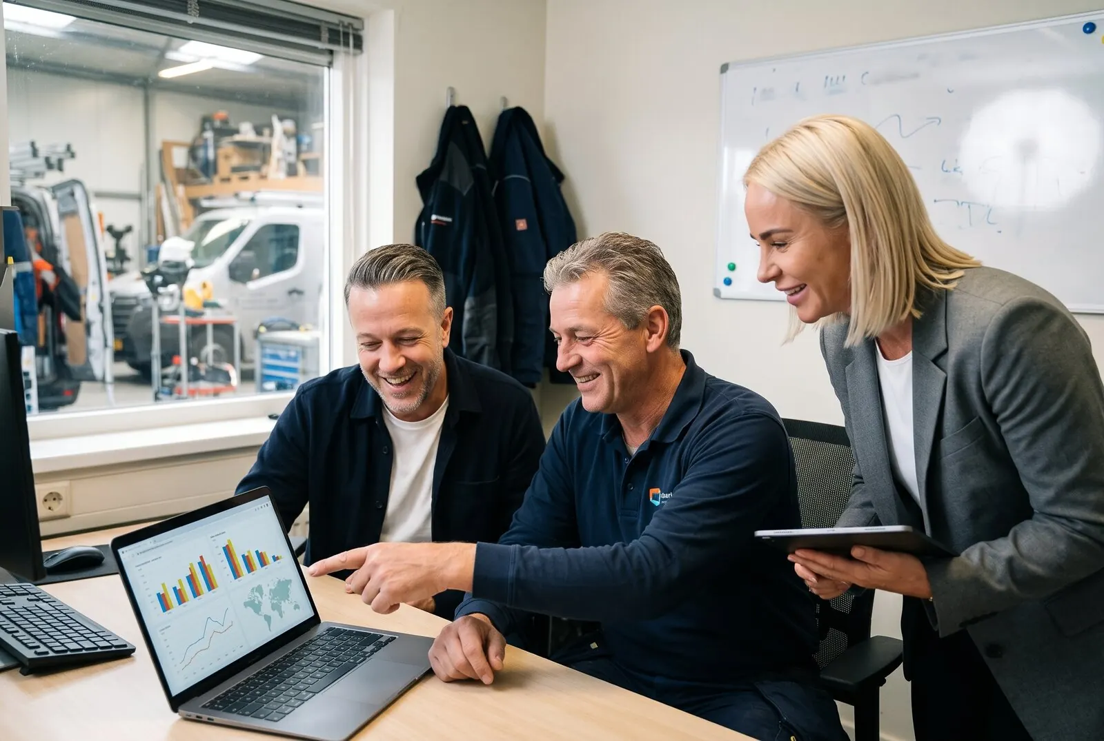Voorbeeldfoto, met AI gemaakt: Maurice en Geerte van Advertise Experts bekijken met een ondernemer in het kantoor van zijn werkplaats de cijfers op de laptop