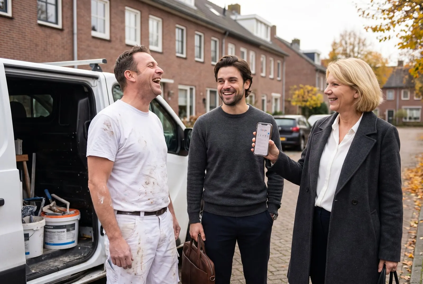 Voorbeeldfoto, met AI gemaakt: Steven de Vries en Linda bespreken met een schilder bij zijn bus hoe zijn bedrijf in Google staat