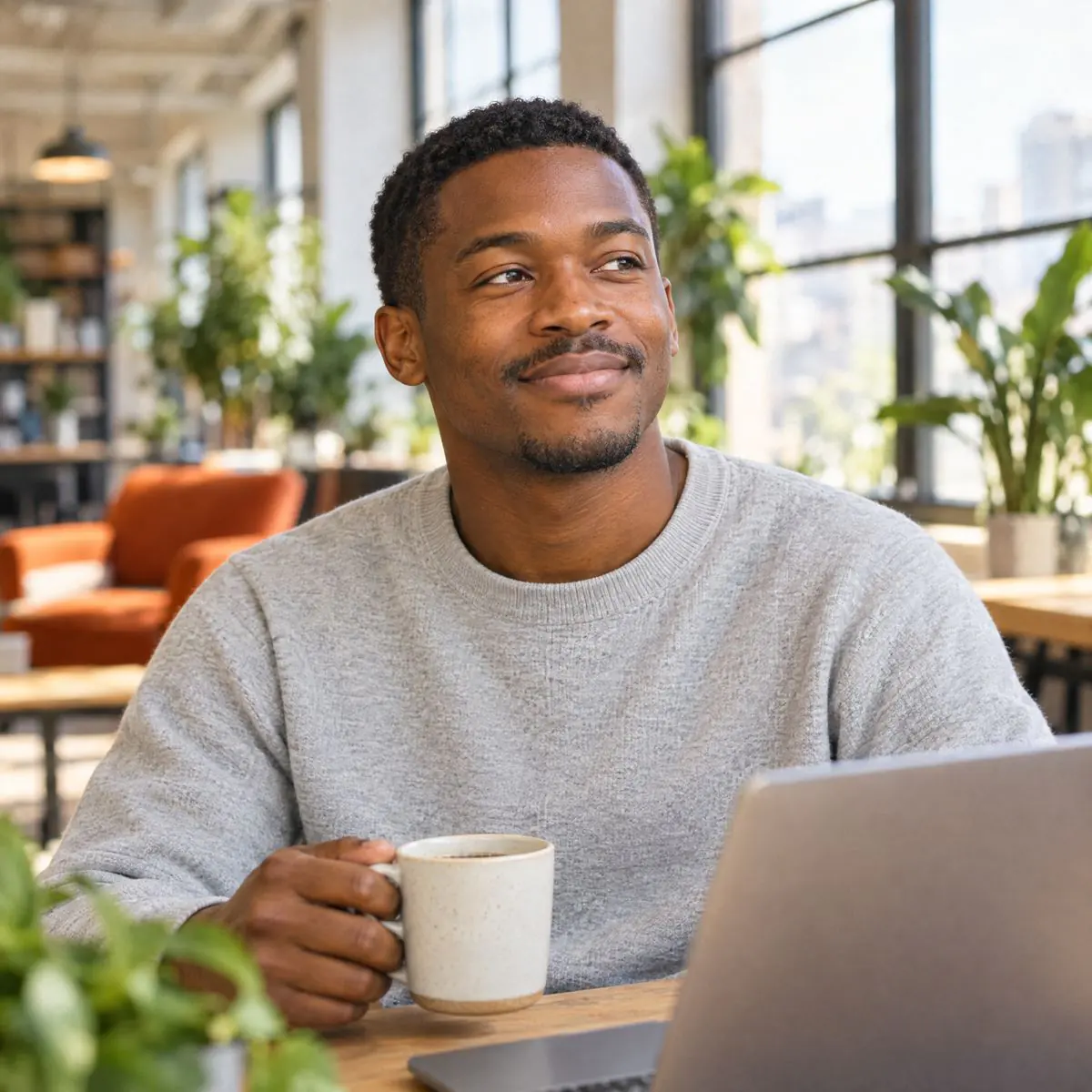 Oprichter van een startup met koffie achter zijn laptop