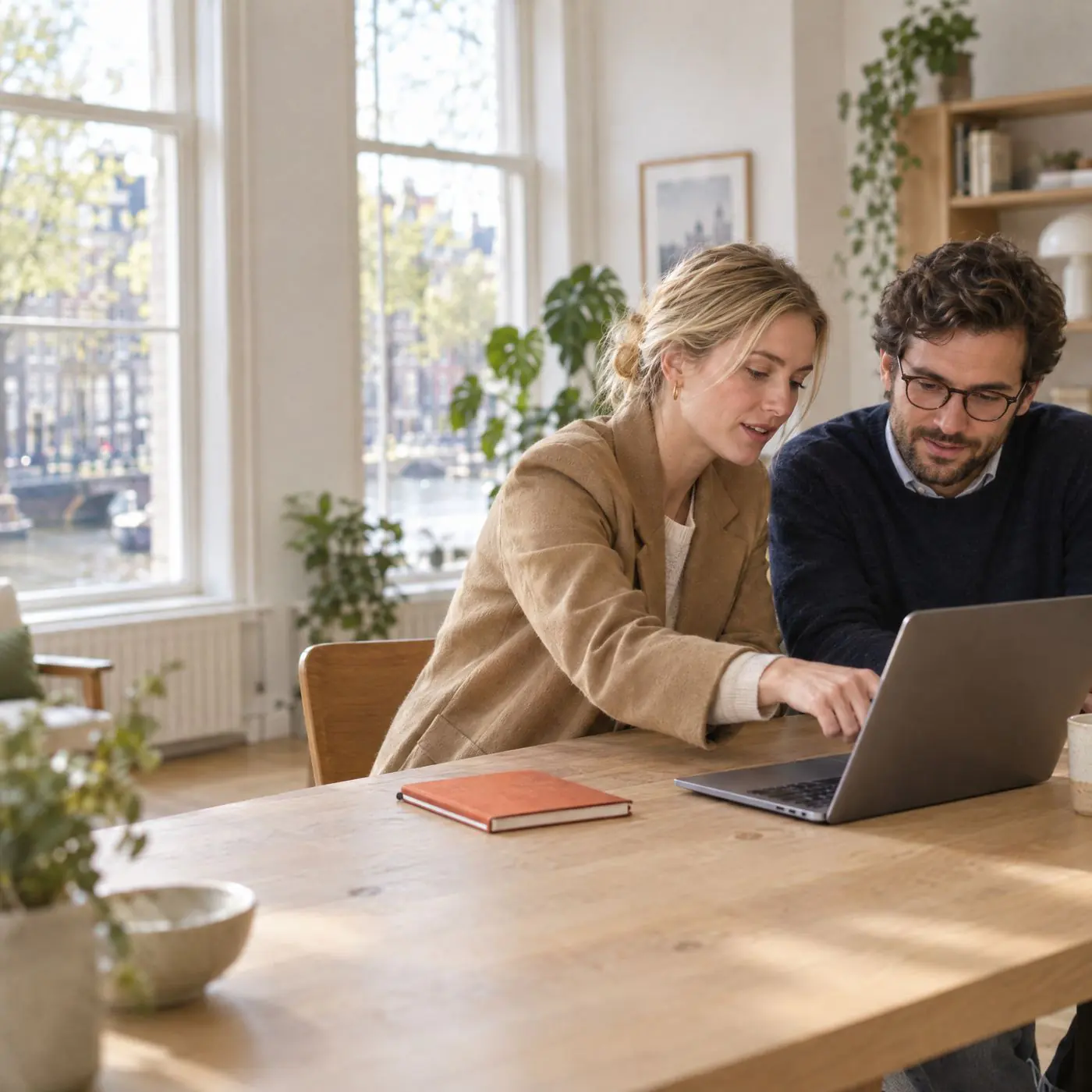 Twee collega's werken samen aan een laptop