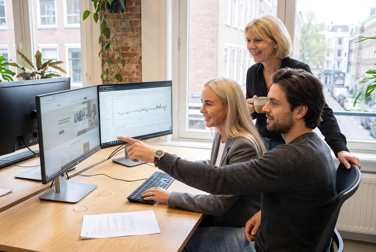 Beeld met AI gemaakt: Geerte, Steven de Vries en Linda van Advertise Experts aan het werk achter twee schermen