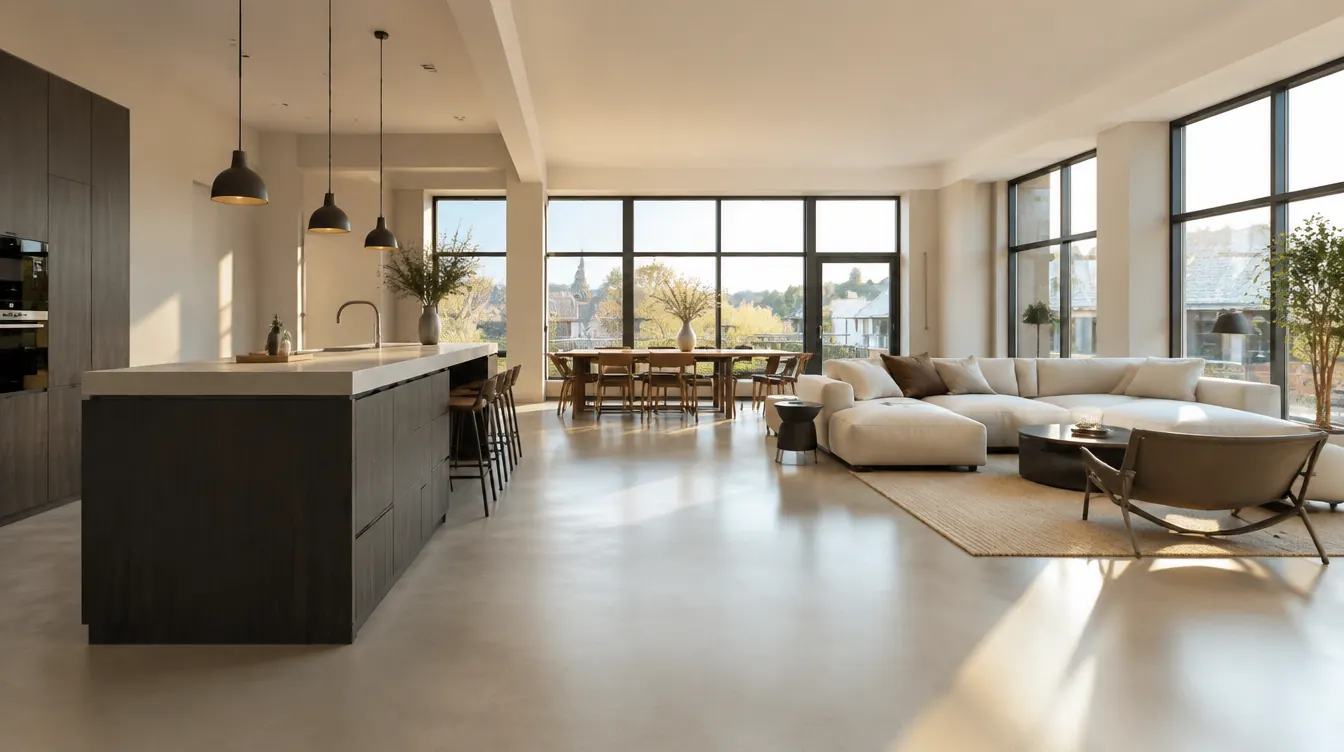 Voorbeeldbeeld: een woonkamer met een nieuwe gietvloer